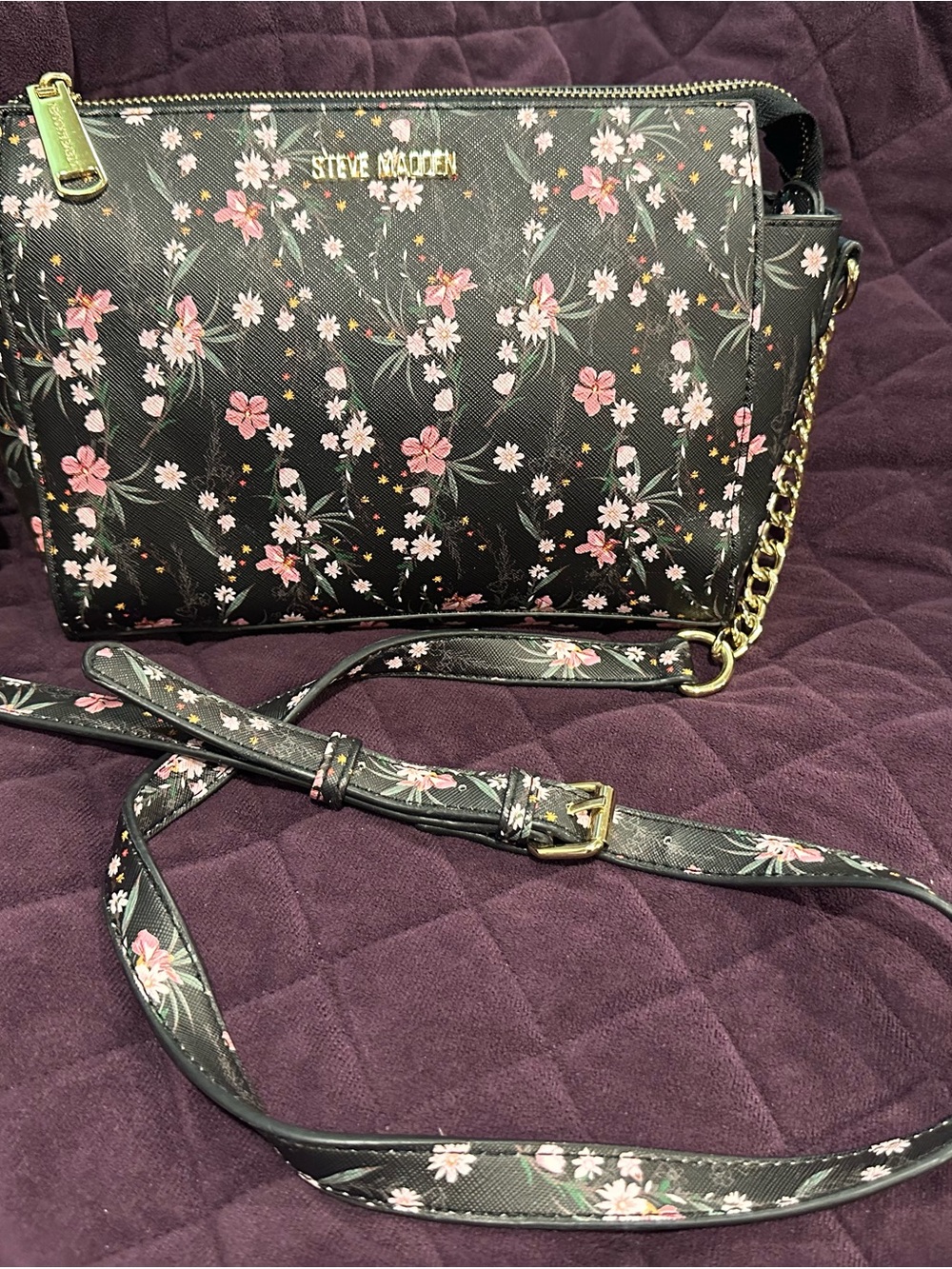 Steve Madden Black Floral Leather Crossbody with Gold Hardware